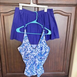Blue Floral Swimsuit with Purple Skirt